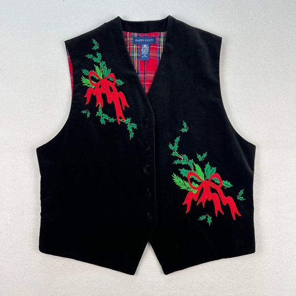 Karen Scott Christmas Holiday Vest Black Velvet Embroidered Blouse Top Women's M - Picture 5 of 16